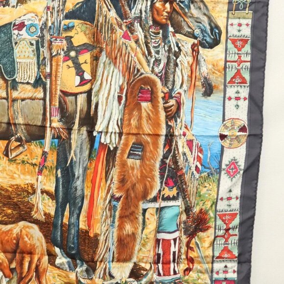 HERMES Carre 90 Scarf ""Les Cheyennes"" Silk Brown - Picture 7 of 14